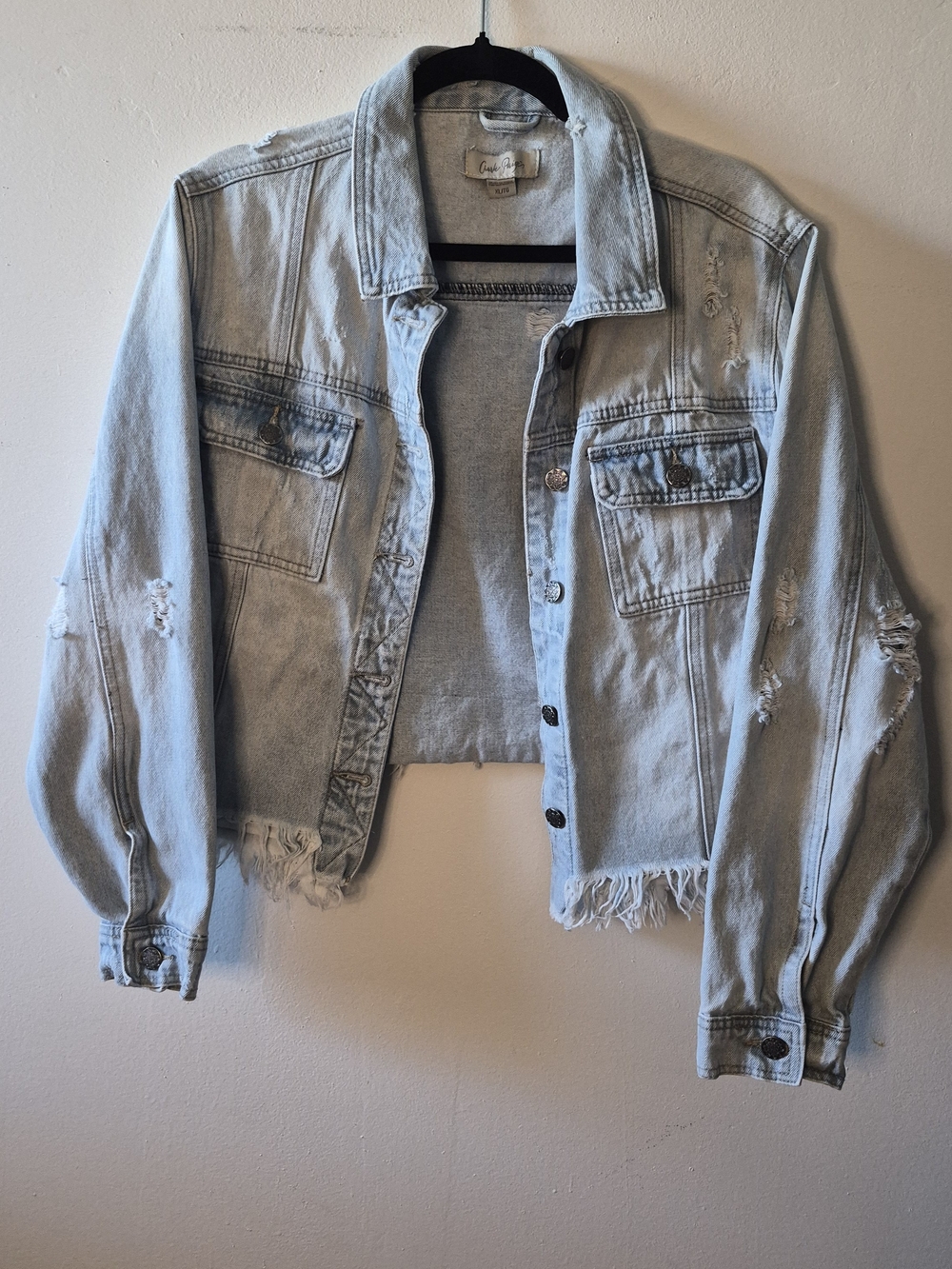 Charlie Paige Light Blue Distressed Cropped Denim Jacket